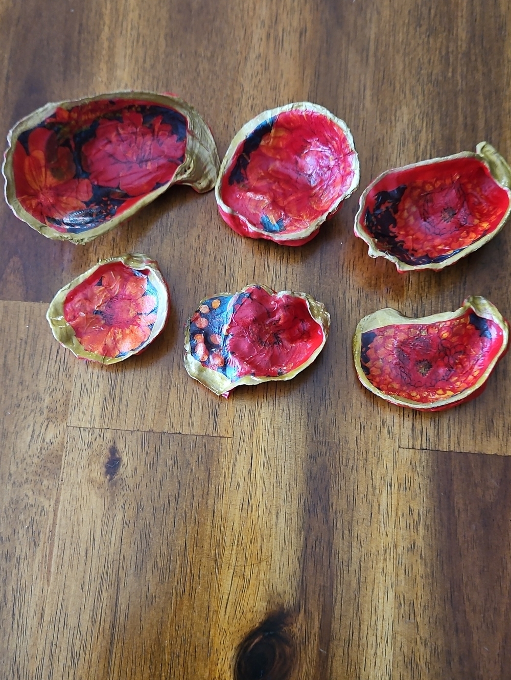 Oyster Shell Decor. Hand Painted Red W/Decopaged Floral Design. Set Of 6
